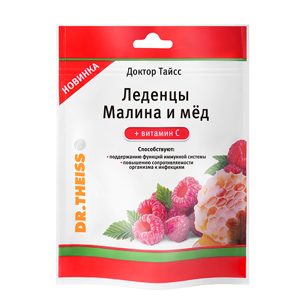 Доктор тайсс леденцы малина-мед-вит C 3,25г пакет 52г