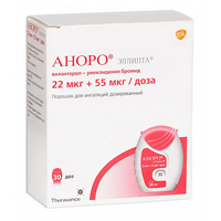 Аноро эллипта пор. д/ингал. доз. 22мкг+55мкг/доза 30доз №1  (ингалятор с 2-мя стрипами)