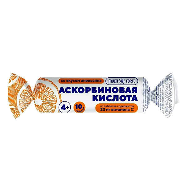 Аскорбиновая к-та солнышко multiforte крутка с сахаром и глюкозой таб. апельсин 3г №10